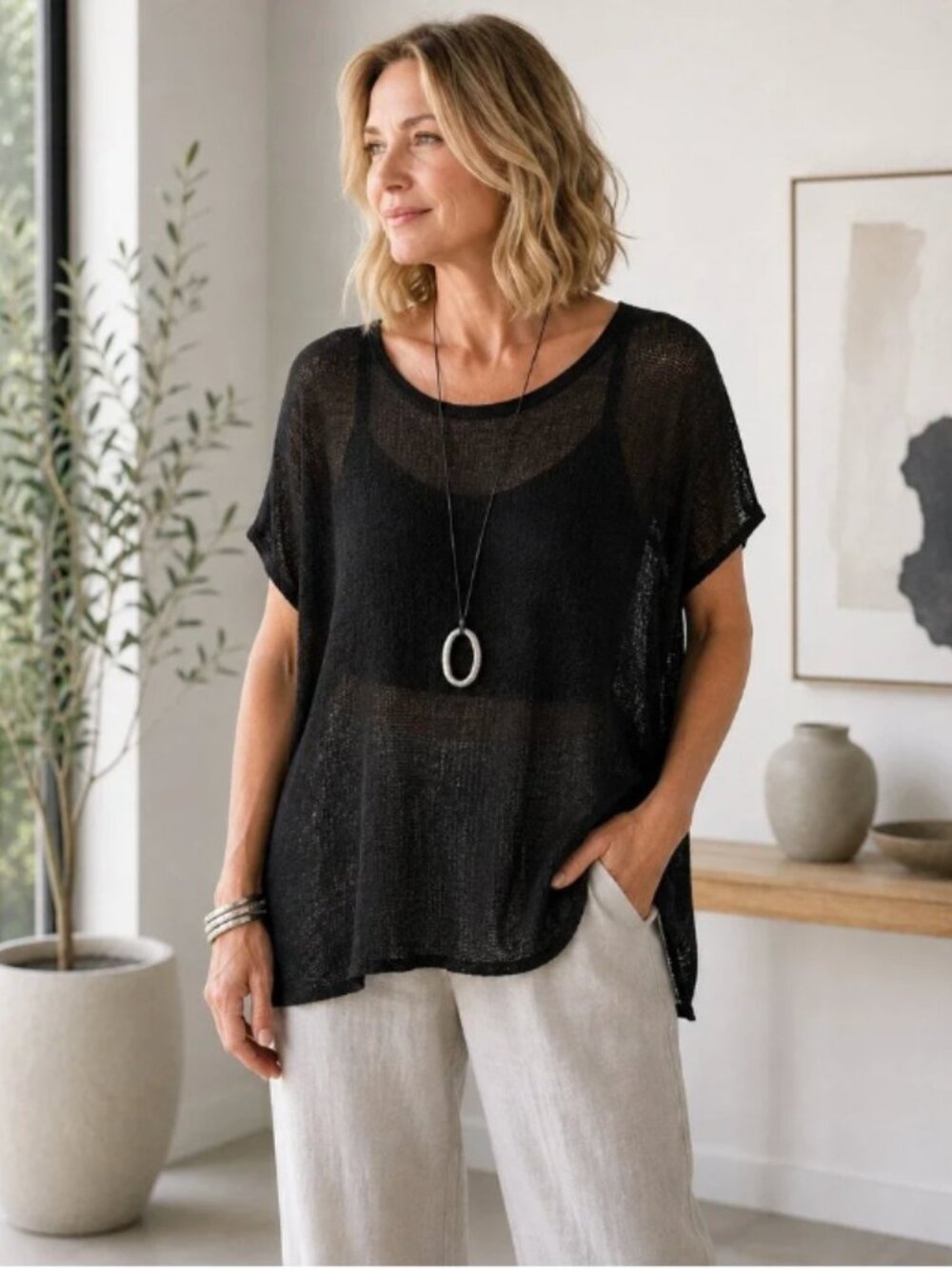 Eileen Fisher Black Lightweight Sheer-Trim Short Sleeve Tunic